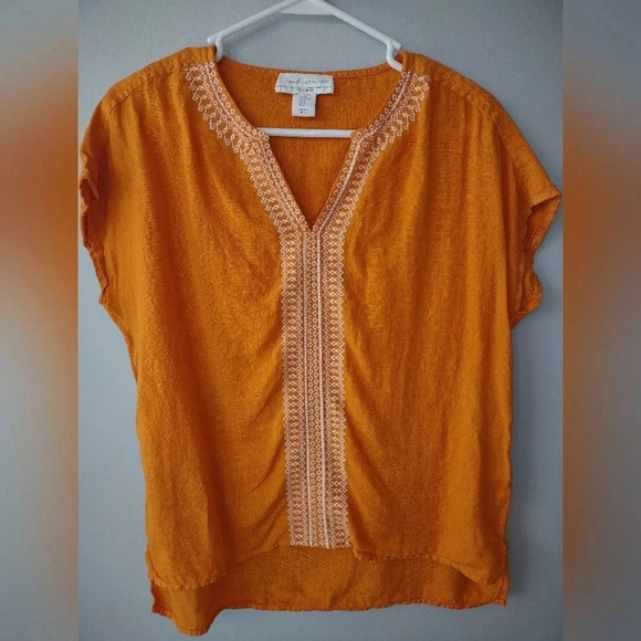 House of Harlow 100% linen top size XS orange yellow embroidered cap sle… boho - Picture 1 of 6